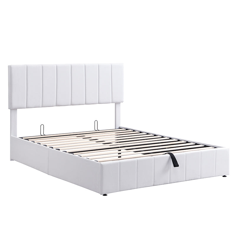 White upholstered platform bed frame with vertical channel stitching and wooden slats
