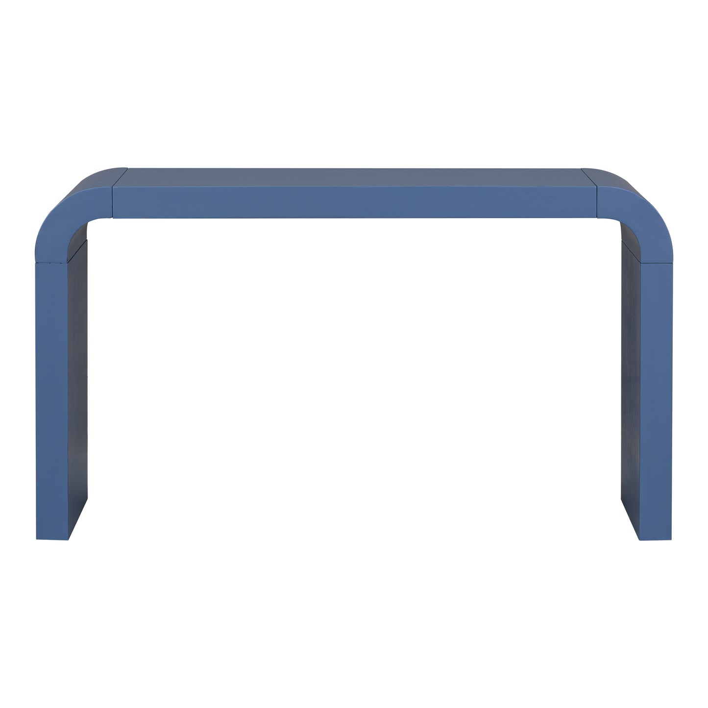 Blue metal console table with curved legs and modern design