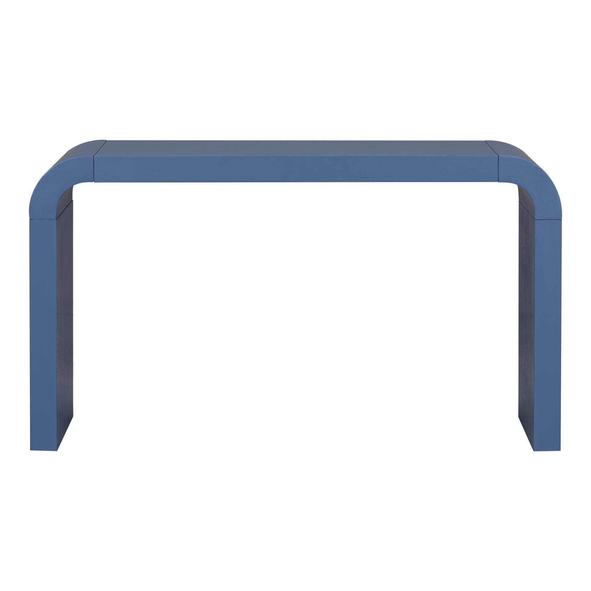 Blue metal console table with curved legs and modern design