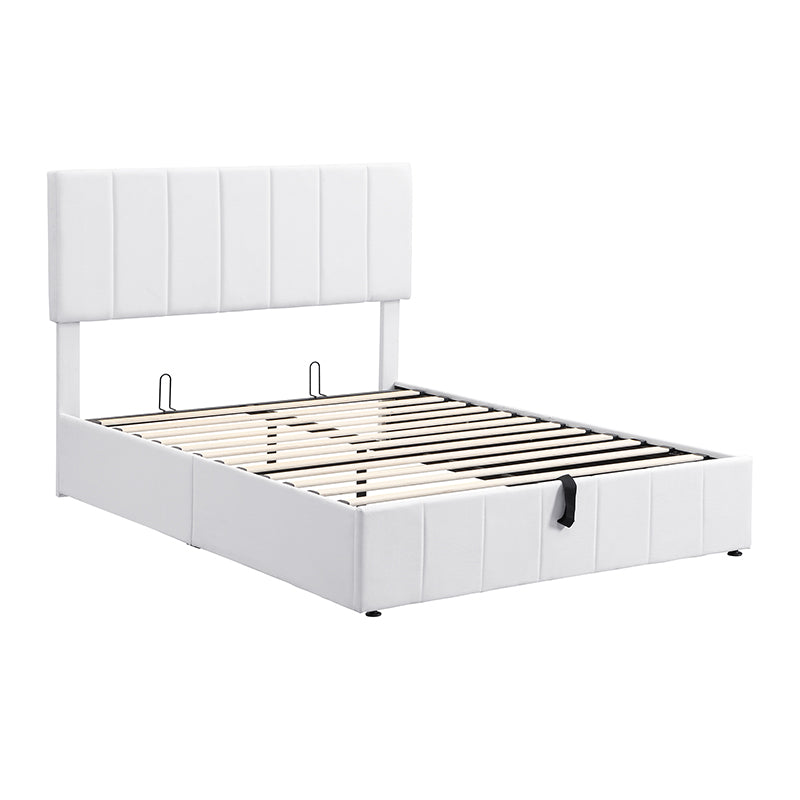 White faux leather upholstered bed frame with storage