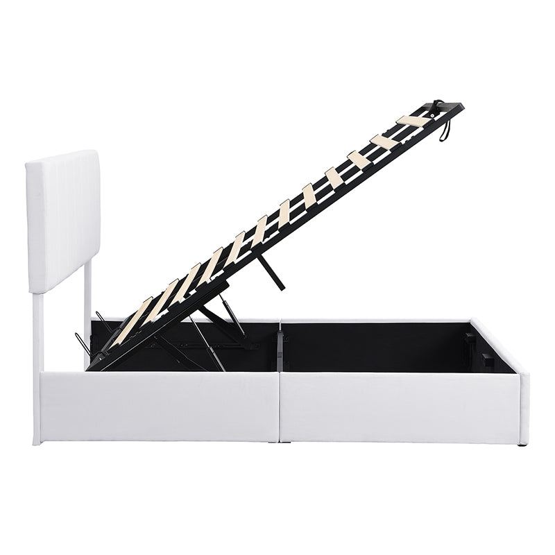 White fabric bed frame with hydraulic lift mechanism and open wooden slats