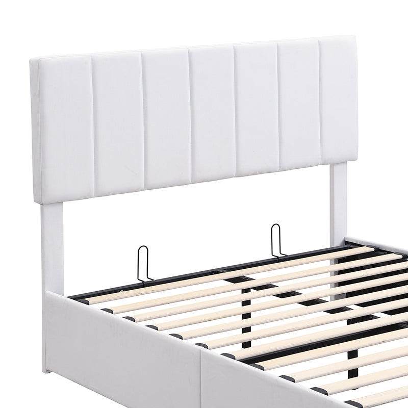 White upholstered bed frame with tufted headboard and wood slat support
