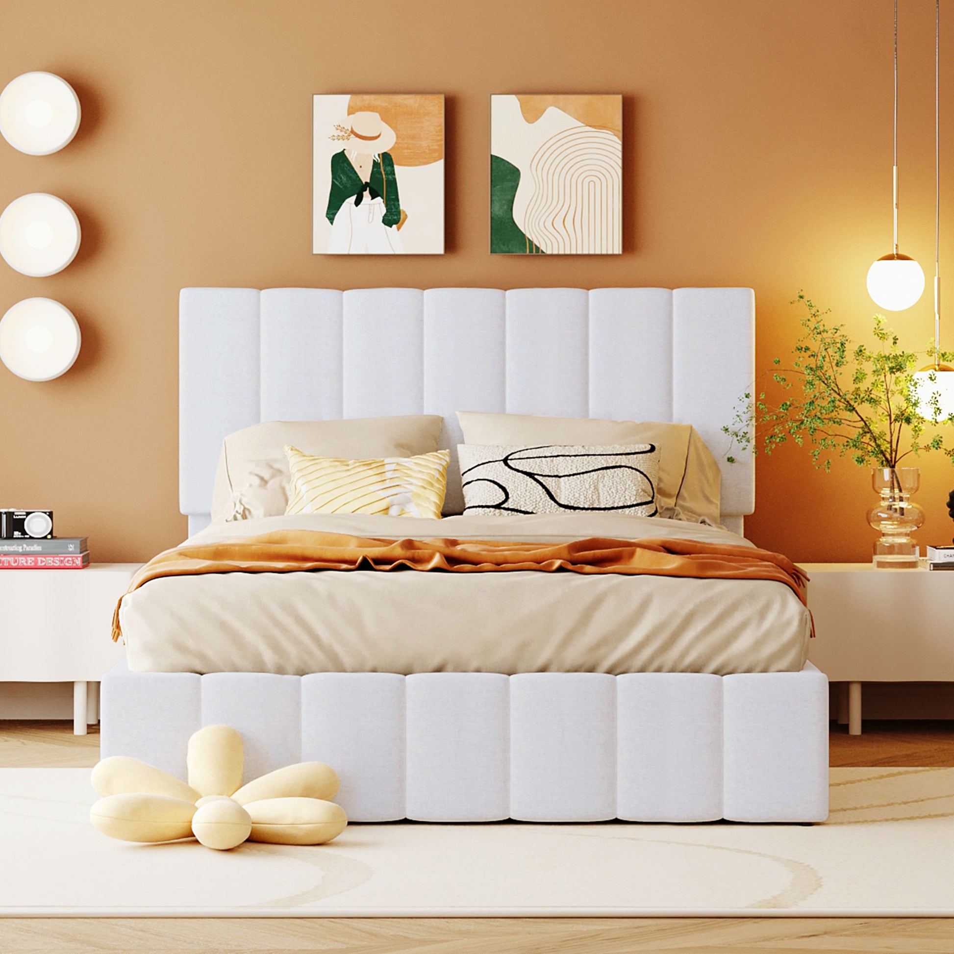 White upholstered queen bed with plush headboard and neutral bedding