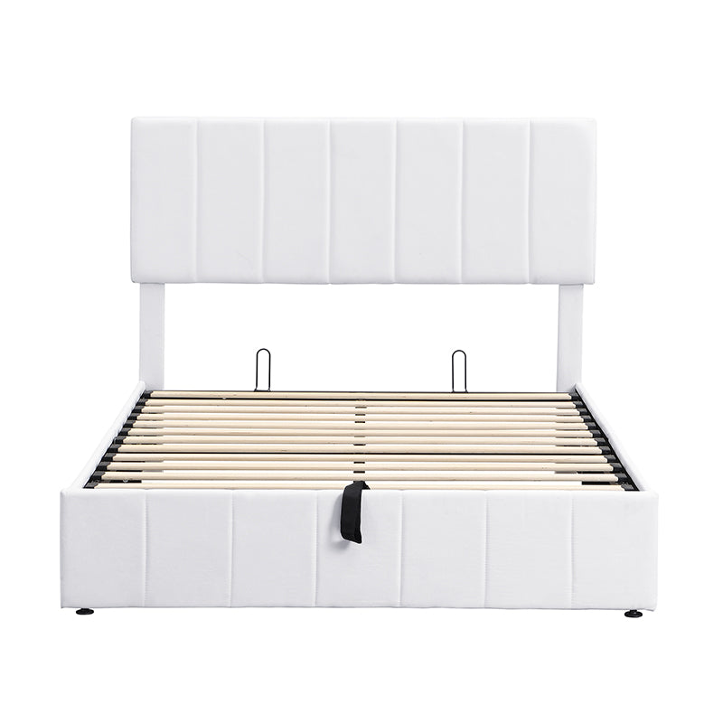 White upholstered platform bed with storage lift