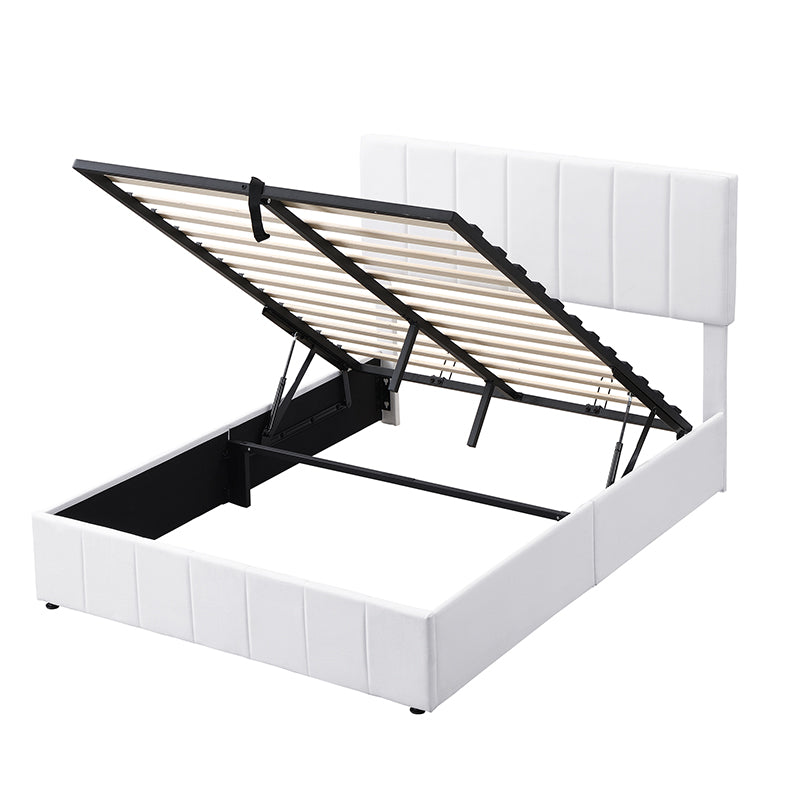 White upholstered bed frame with hydraulic lift mechanism for storage access
