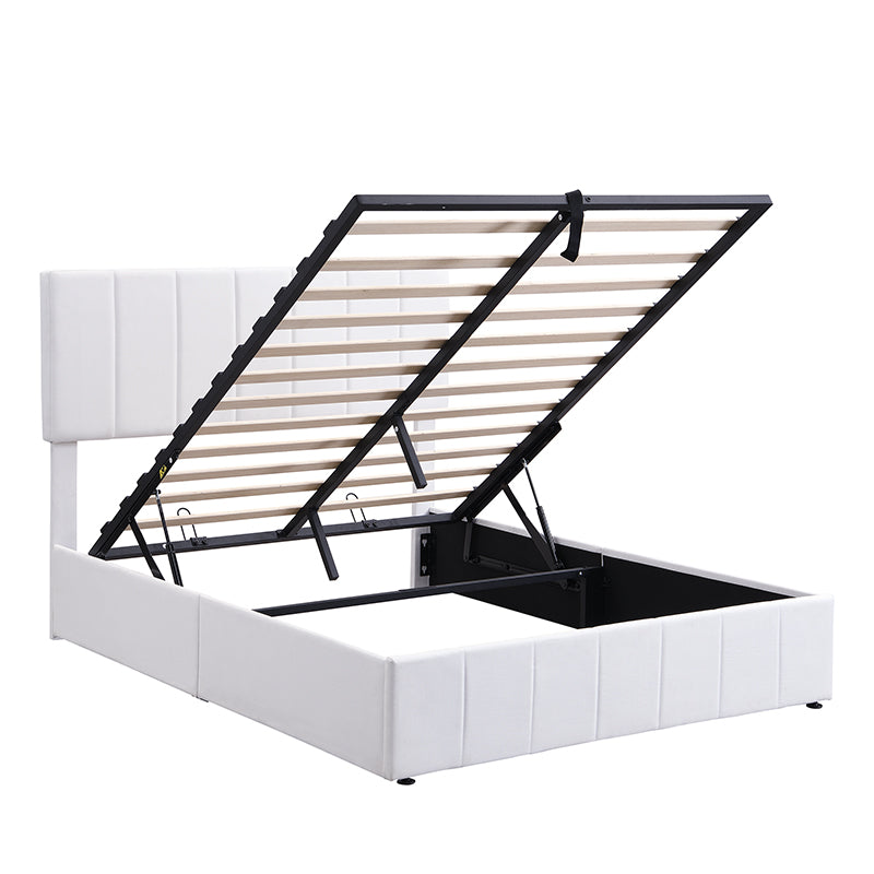 White upholstered bed frame with open ottoman storage
