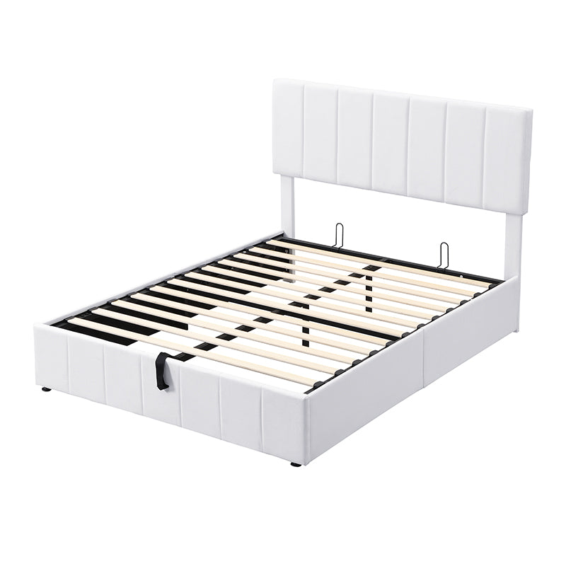 White upholstered bed frame with button tufted headboard and wooden slats