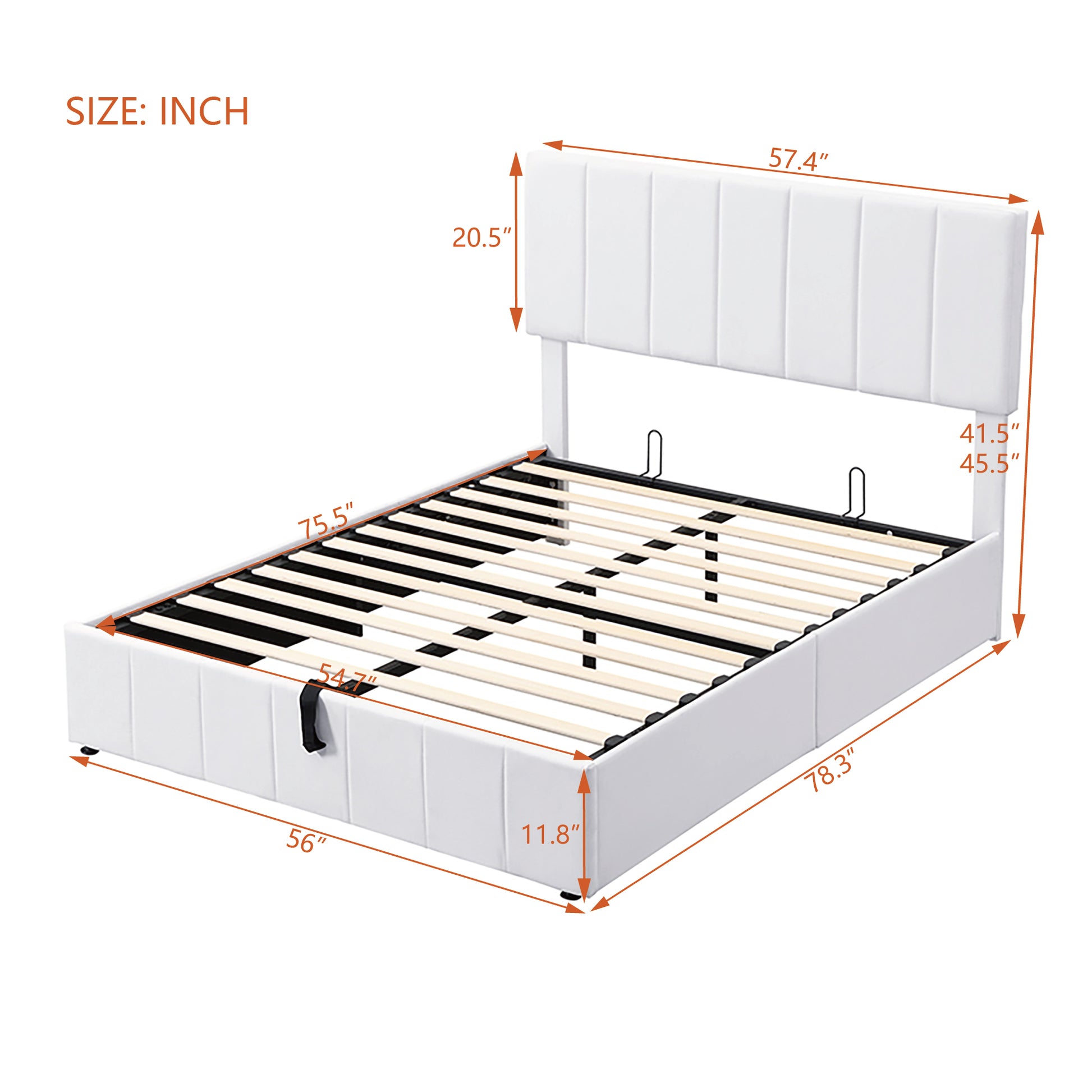 White upholstered platform bed frame with slatted support