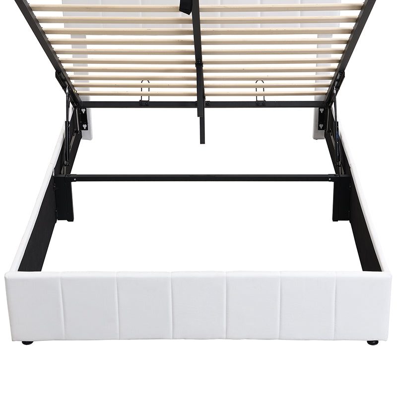 White faux leather bed frame with liftup storage mechanism and wooden slats