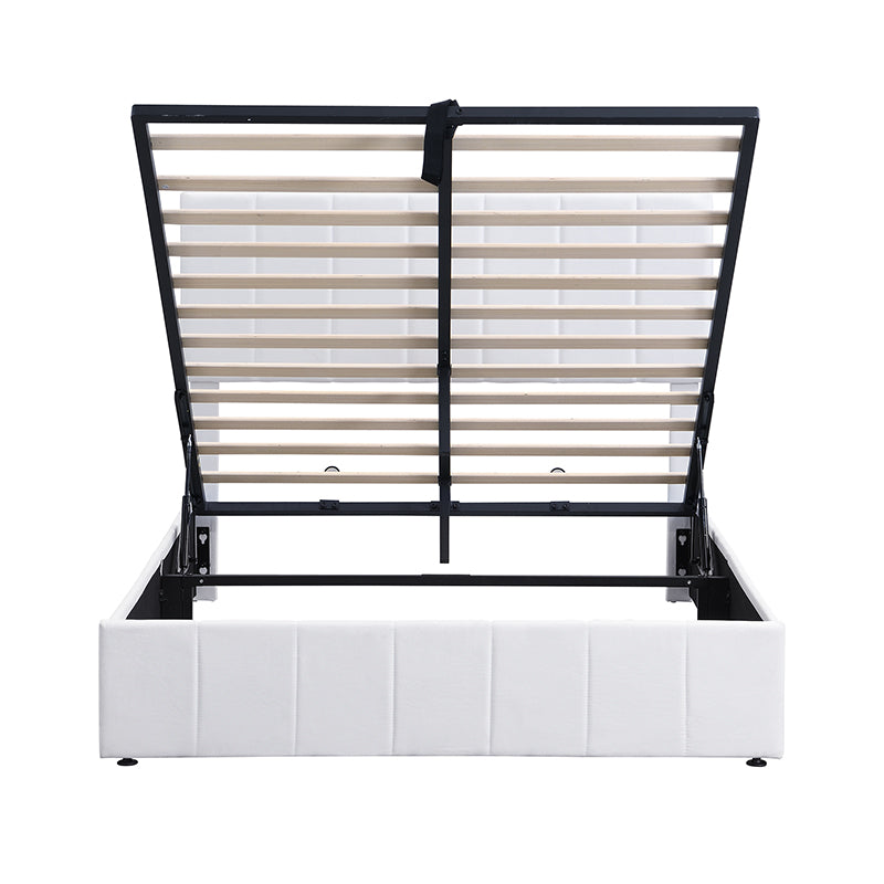 White faux leather storage bed frame with open slats