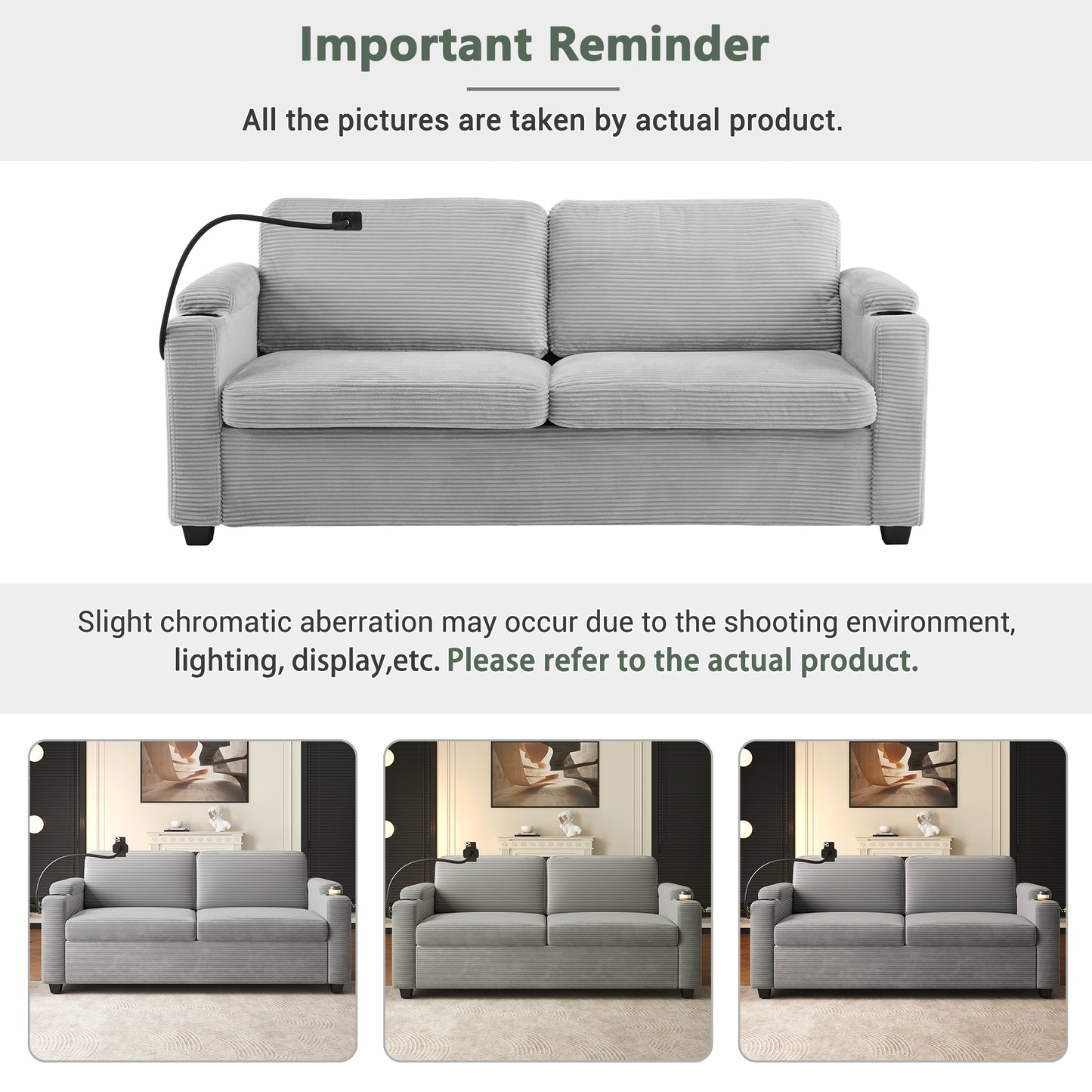Gray corduroy sofa with USB charging port on armrest