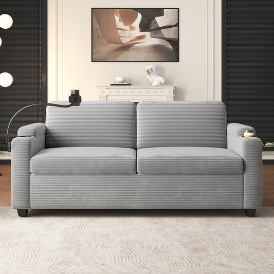 Light gray corduroy sofa with builtin cup holders