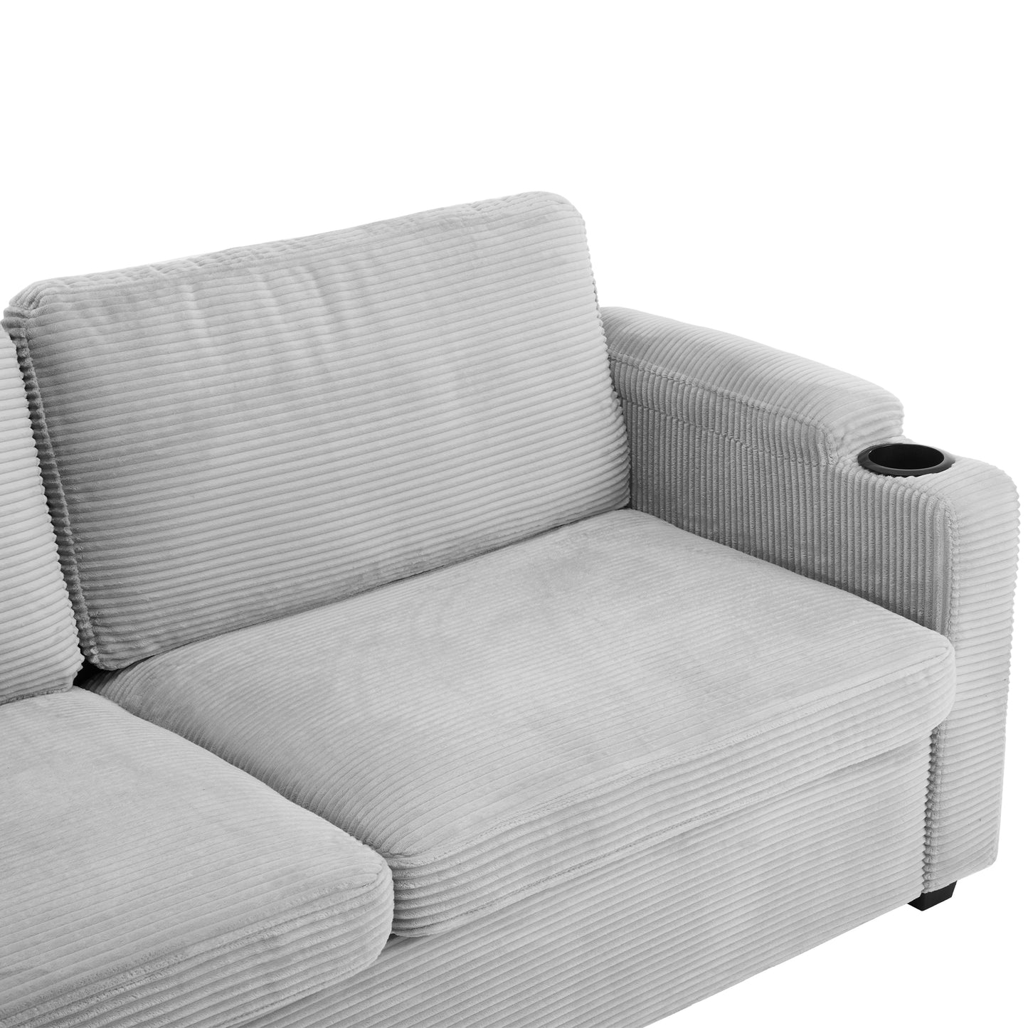 Light gray corduroy sofa with integrated cup holder on the armrest
