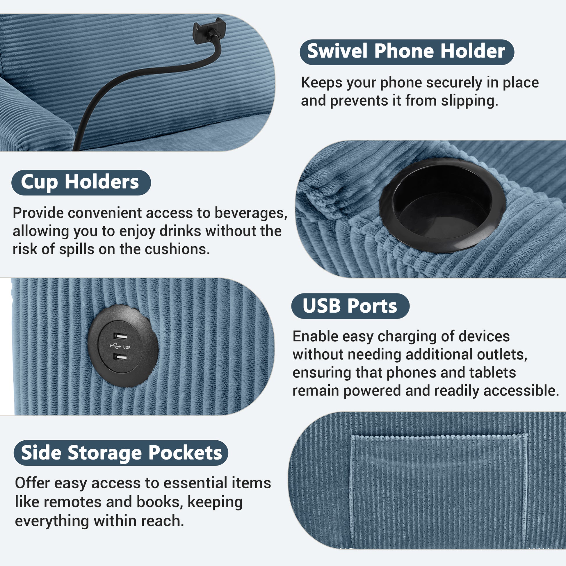 Blue corduroy armchair with adjustable swivel phone holder