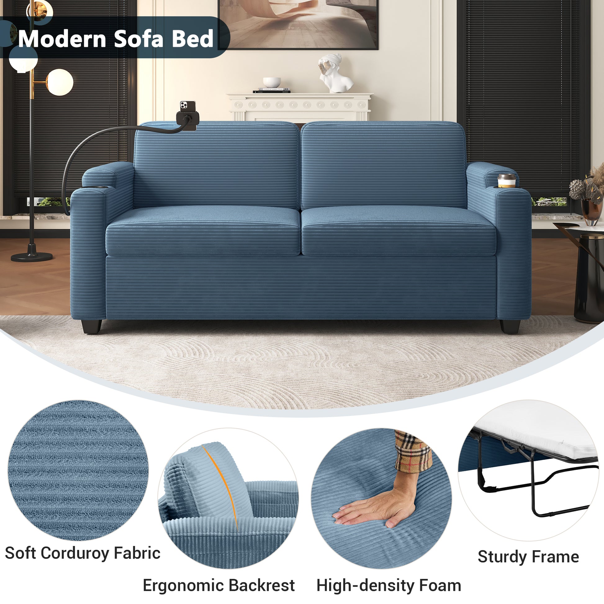 Blue corduroy modern sofa bed with integrated phone holder and cup holder