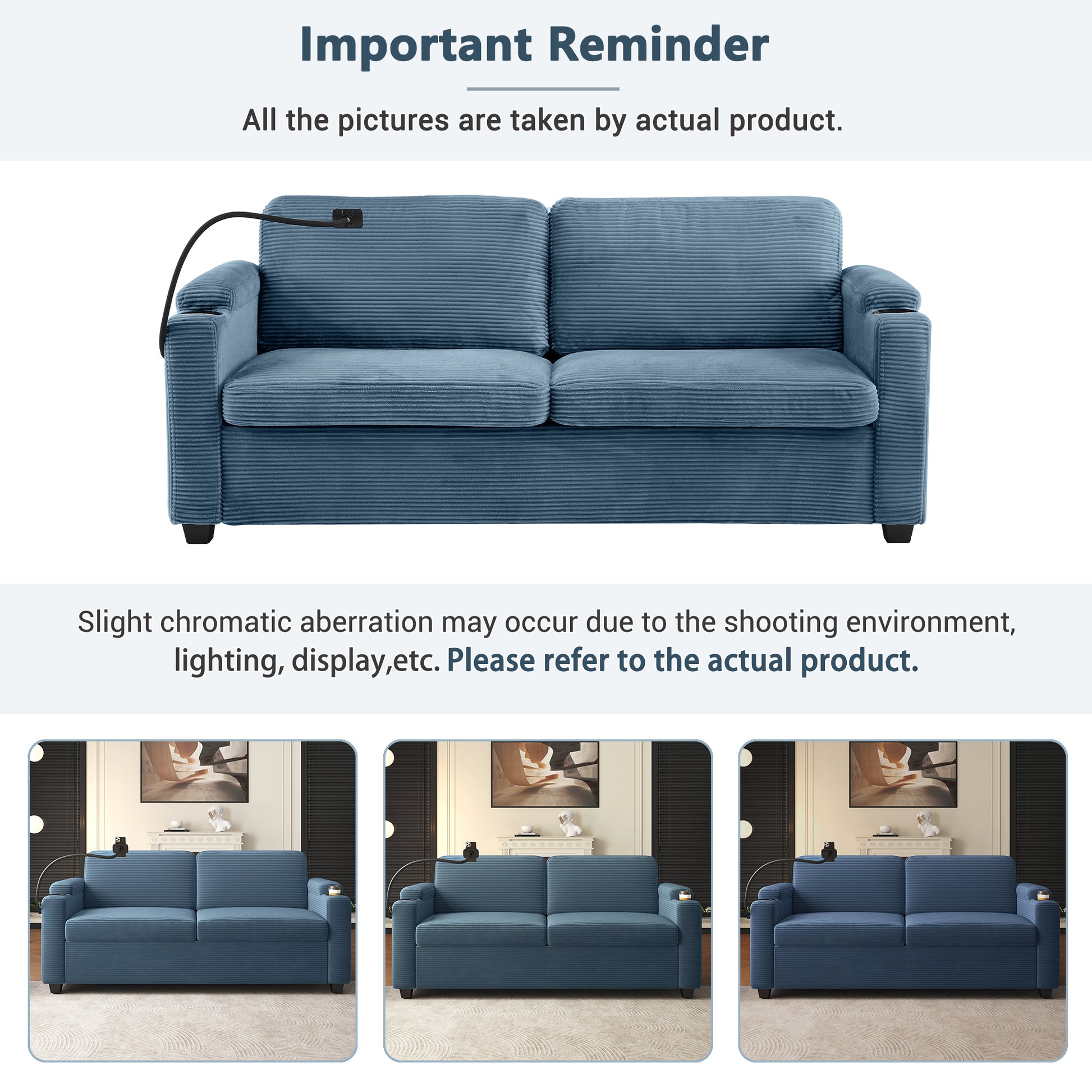 Blue corduroy sofa with integrated USB charging port on armrest