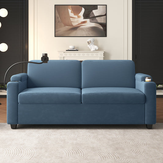 Blue corduroy sofa with builtin cup holder and adjustable phone mount