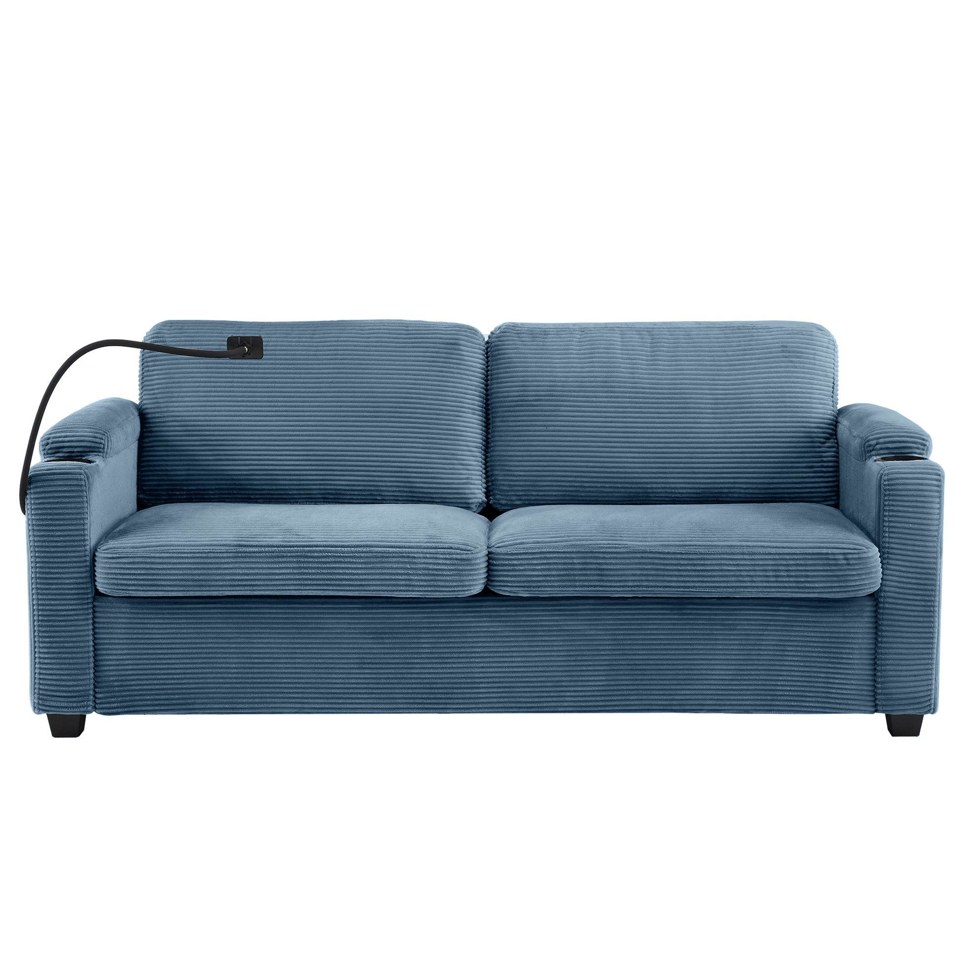 Blue corduroy sofa with builtin cup holder and adjustable reading lamp