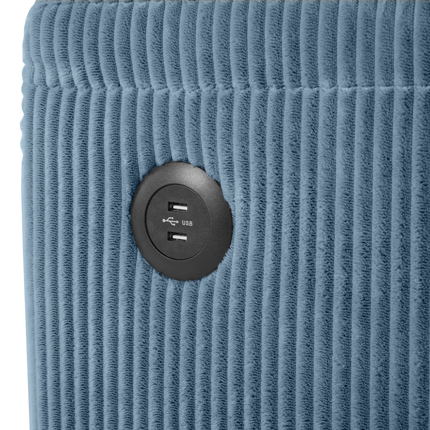 Blue corduroy fabric with integrated dual USB charging port