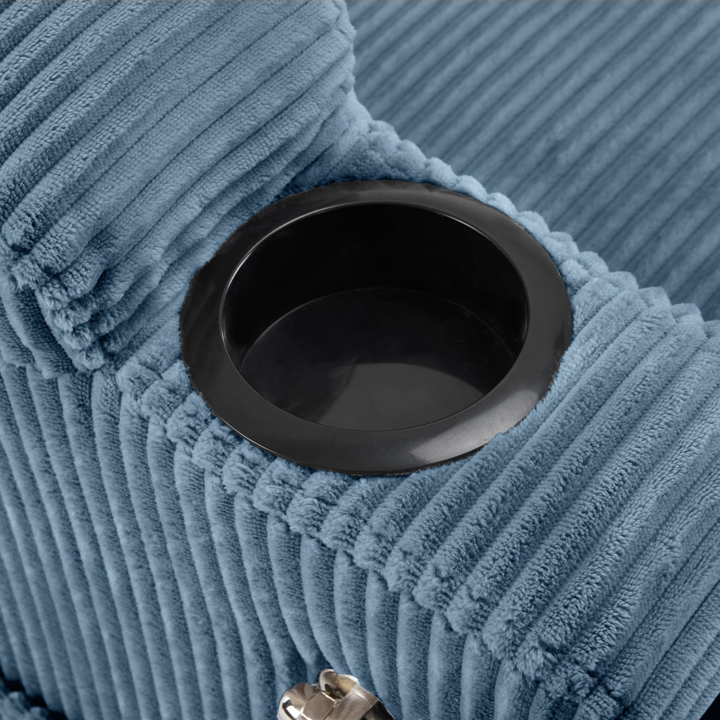 Blue corduroy reclining chair cup holder