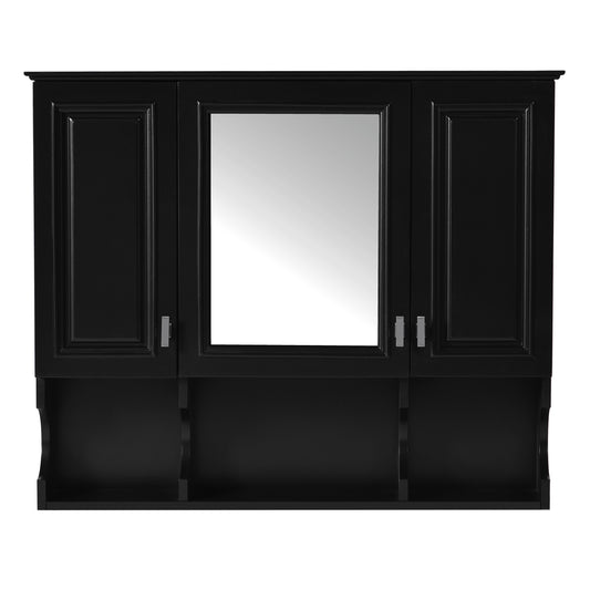 Black wood bathroom cabinet with mirrored doors and open shelving