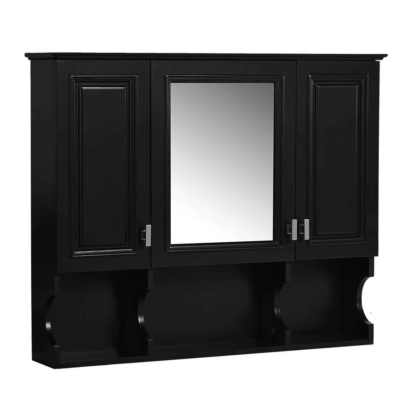 Black mirrored medicine cabinet with three doors and open shelving