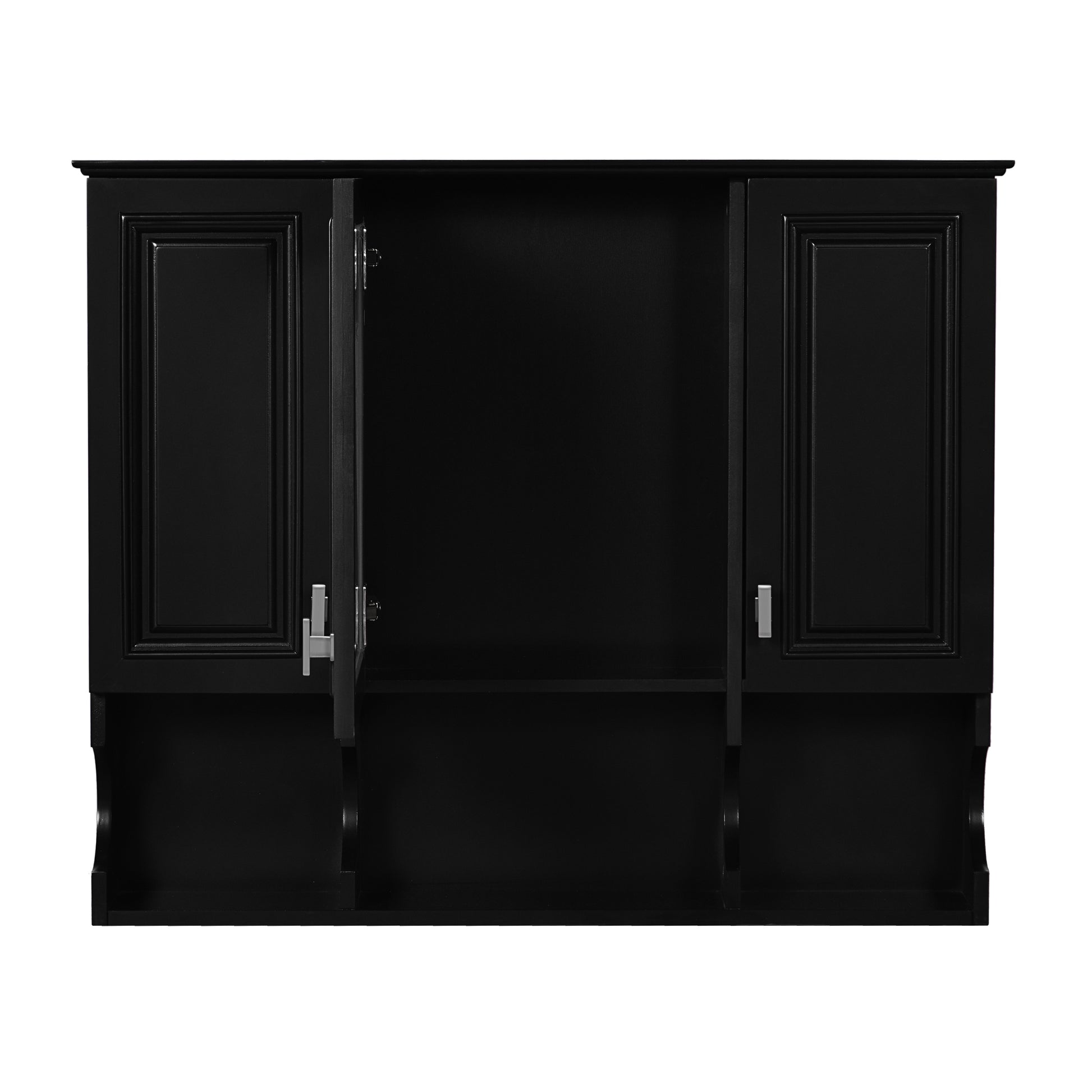 Black wooden wall cabinet with paneled doors and open shelves
