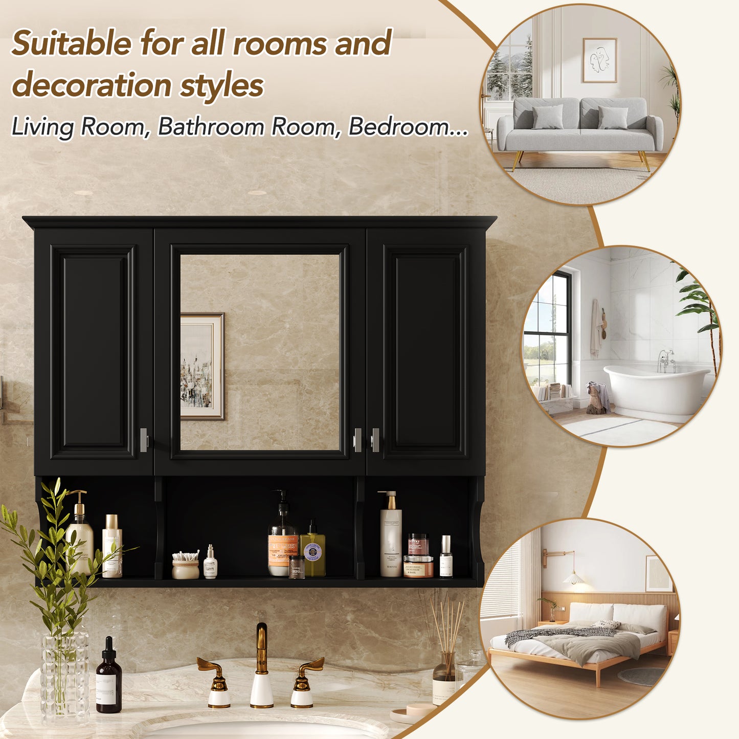 Black mirrored medicine cabinet with organized toiletries on shelf