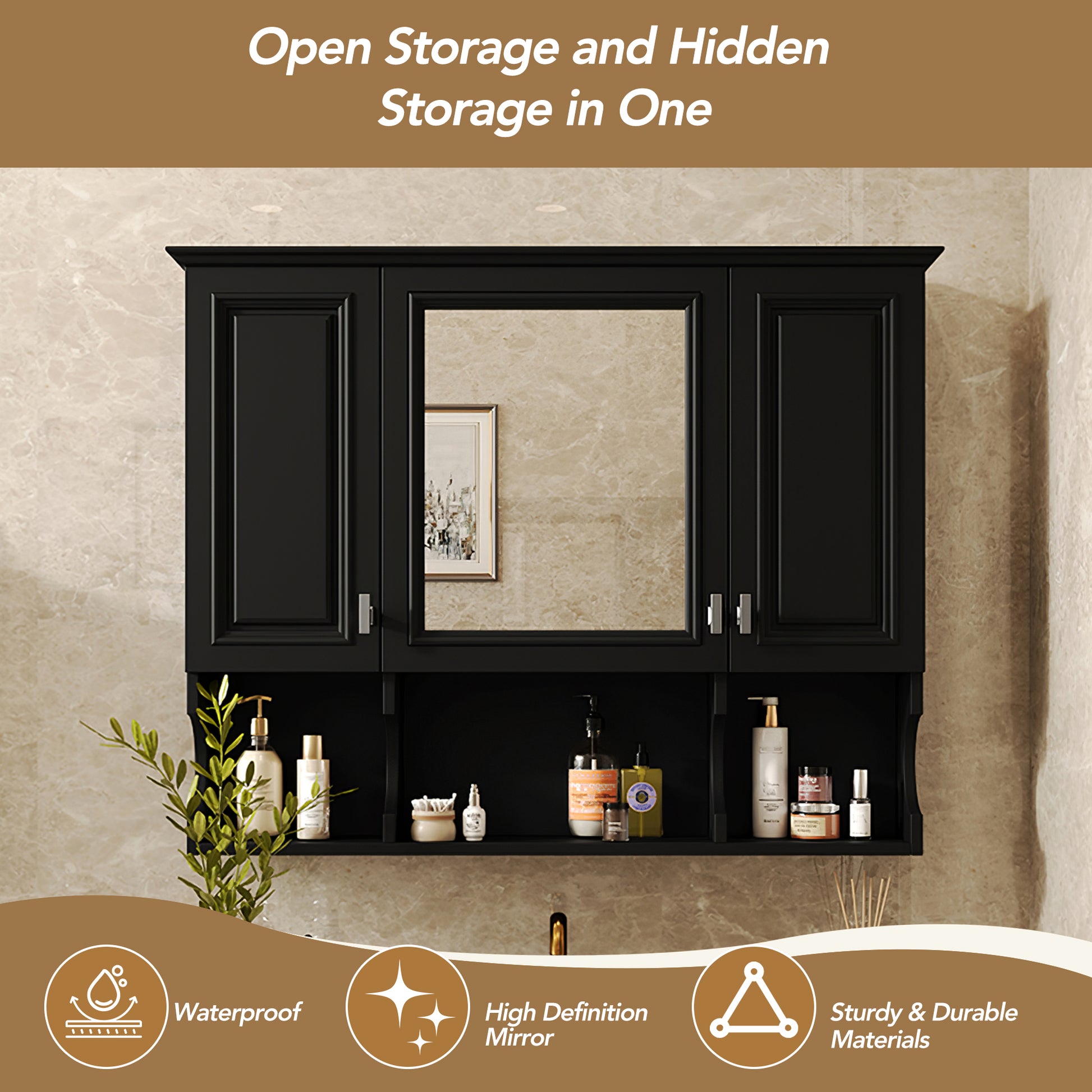 Black wooden medicine cabinet with open shelf and mirror