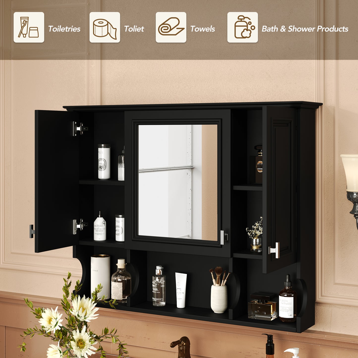 Black medicine cabinet with open doors showcasing toiletries and a mirror