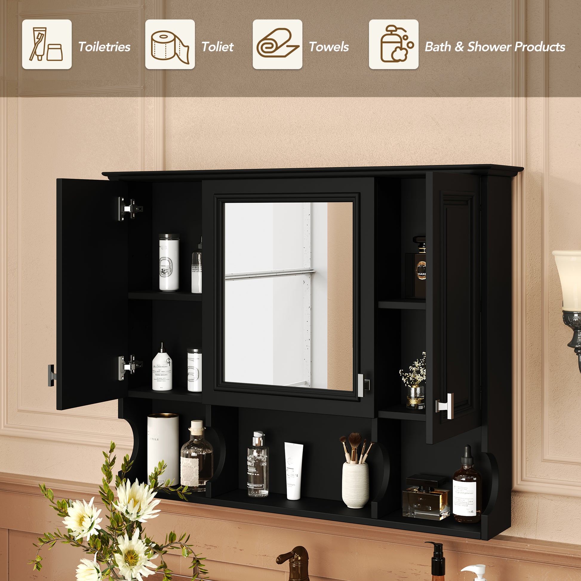 Black medicine cabinet with open doors showcasing toiletries and a mirror
