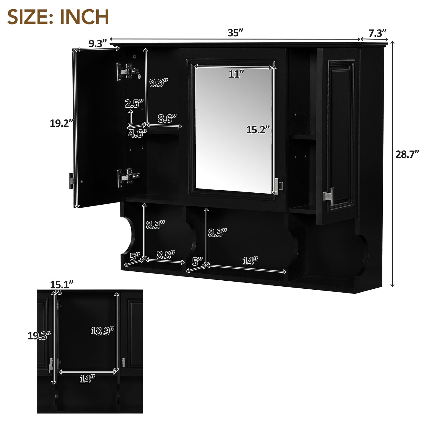 Black bathroom medicine cabinet with mirrored door and adjustable shelves
