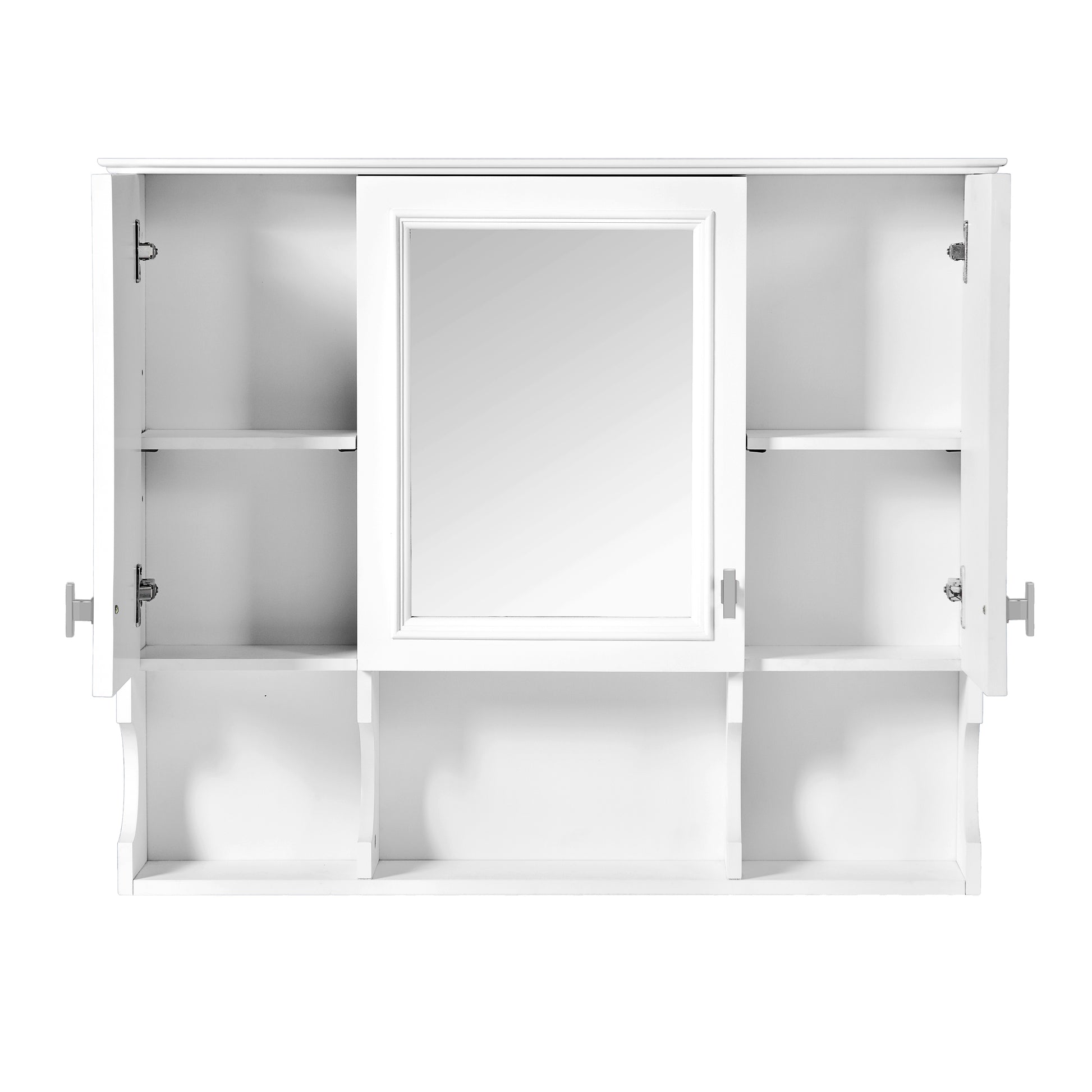 White bathroom cabinet with mirrored door and open shelves