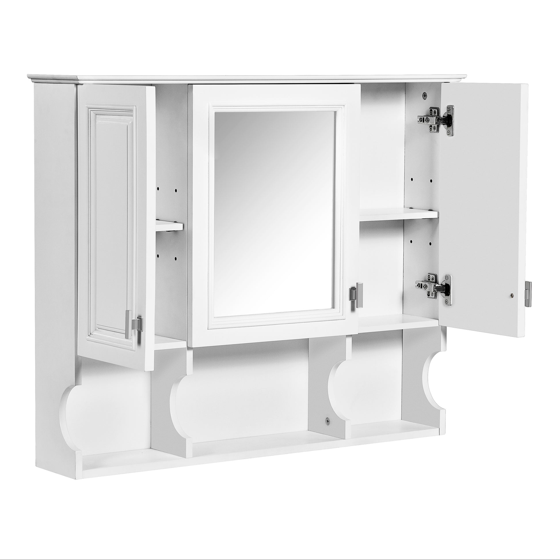 White wooden medicine cabinet with mirrored door and open side compartments
