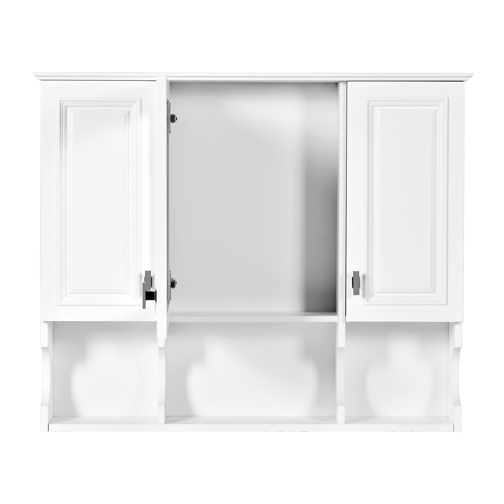 White farmhouse wall cabinet with open center doors and two adjustable shelves