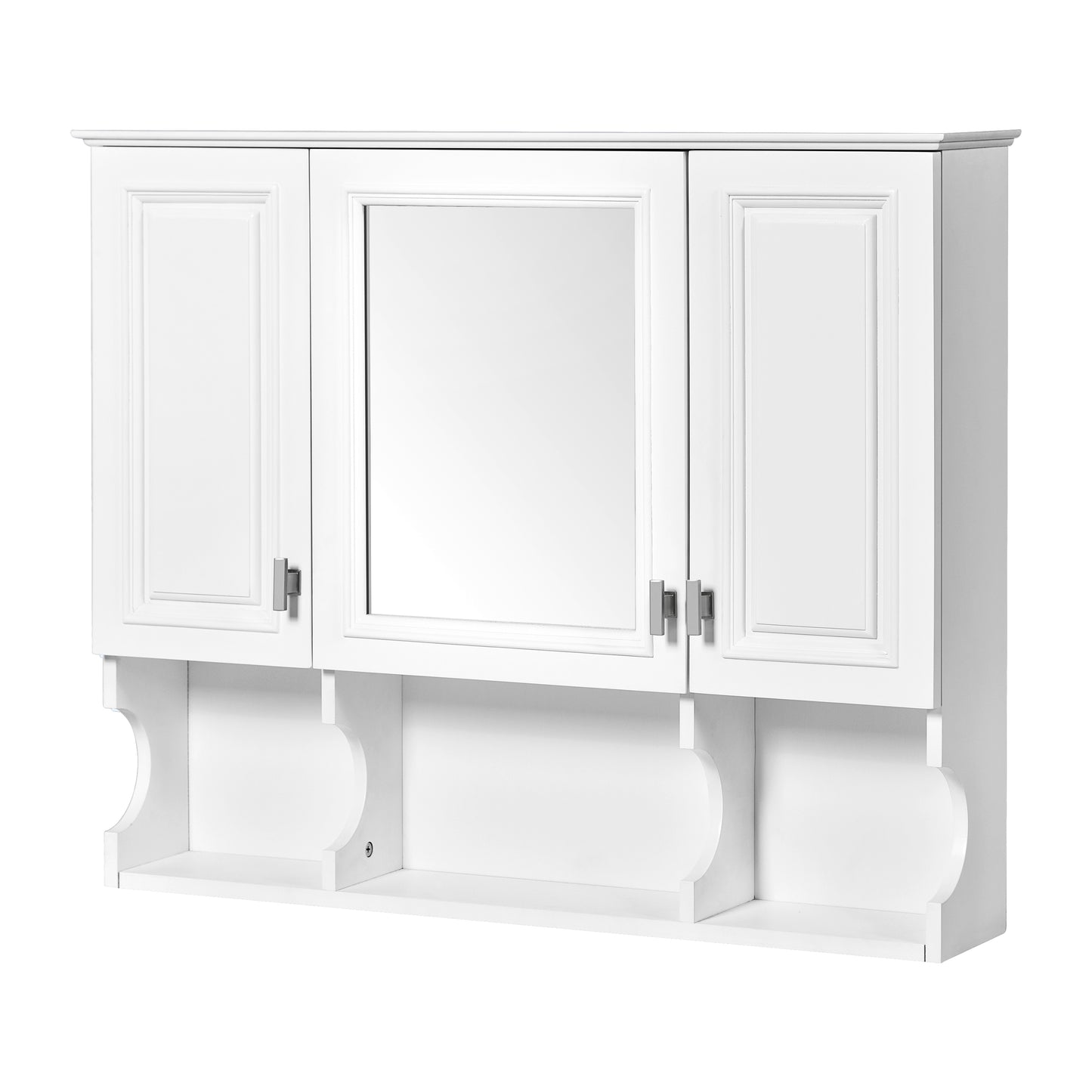 White bathroom cabinet with mirrored door and open shelving