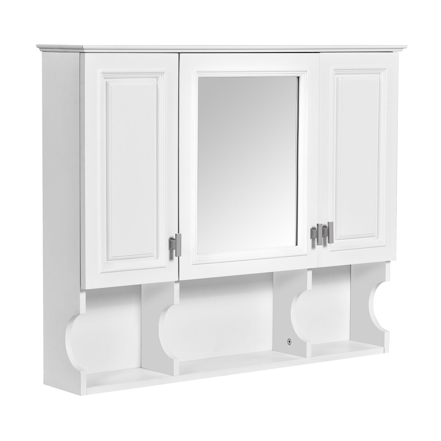 White mirrored medicine cabinet with paneled doors and open shelves