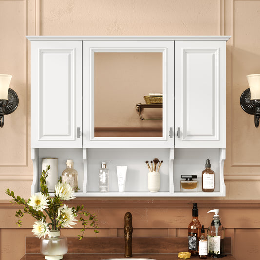 White mirrored medicine cabinet with open shelf