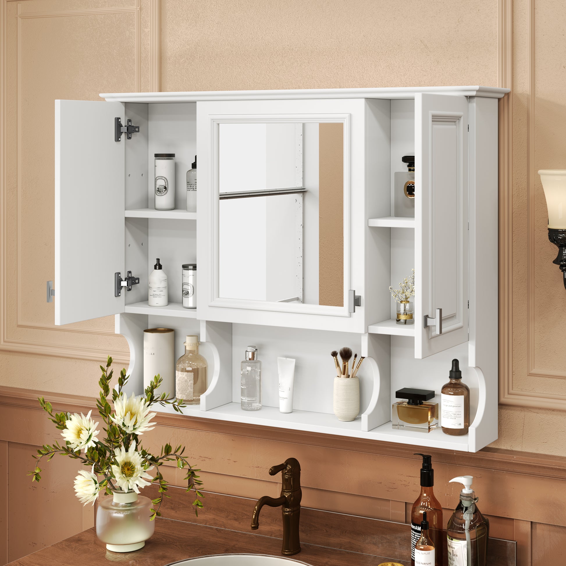 White mirrored medicine cabinet with open doors displaying toiletries