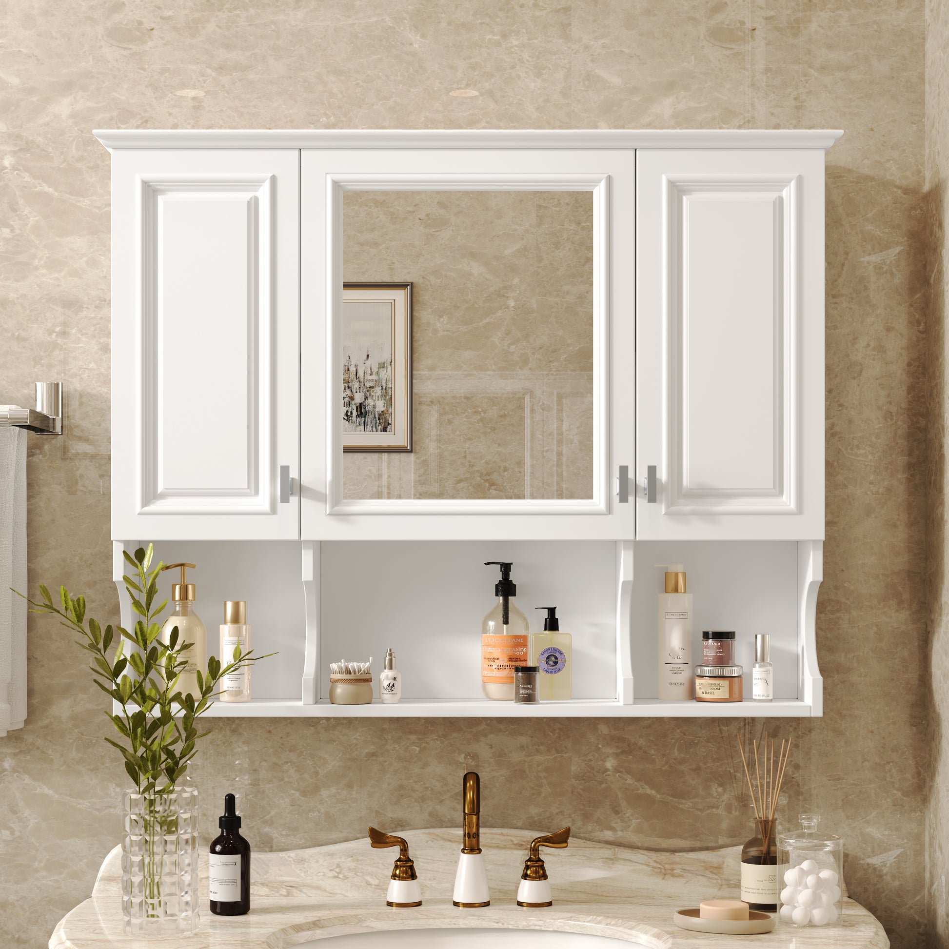 White medicine cabinet with mirrored doors and open shelving