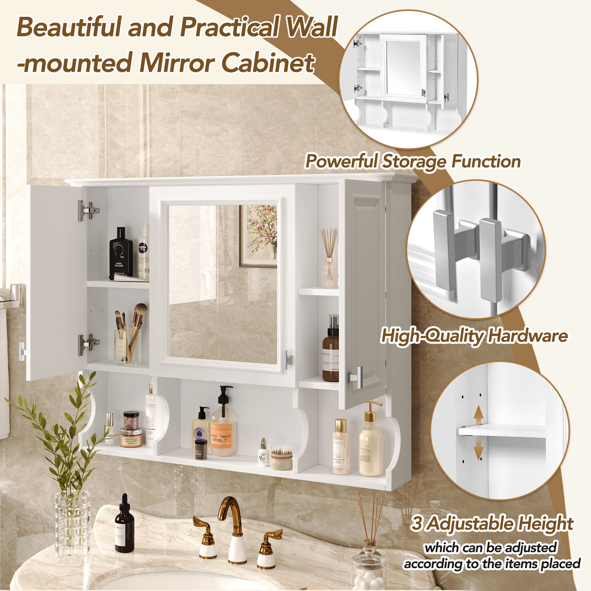 White mirrored wall cabinet with open doors displaying toiletries and makeup brushes
