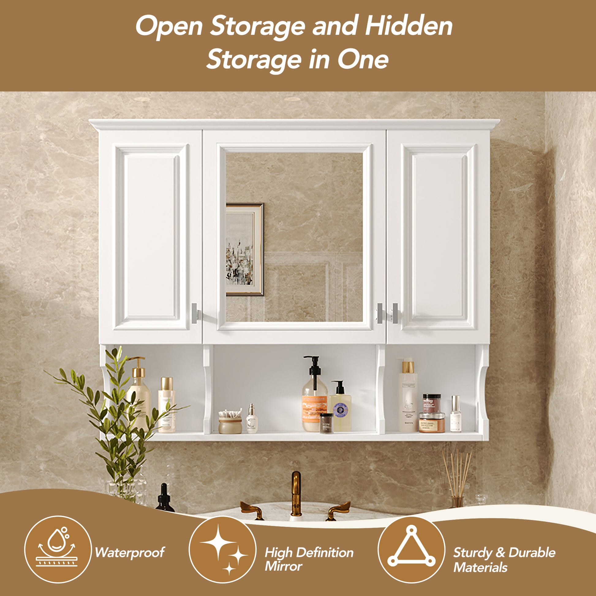 White bathroom medicine cabinet with mirrored doors and open shelving