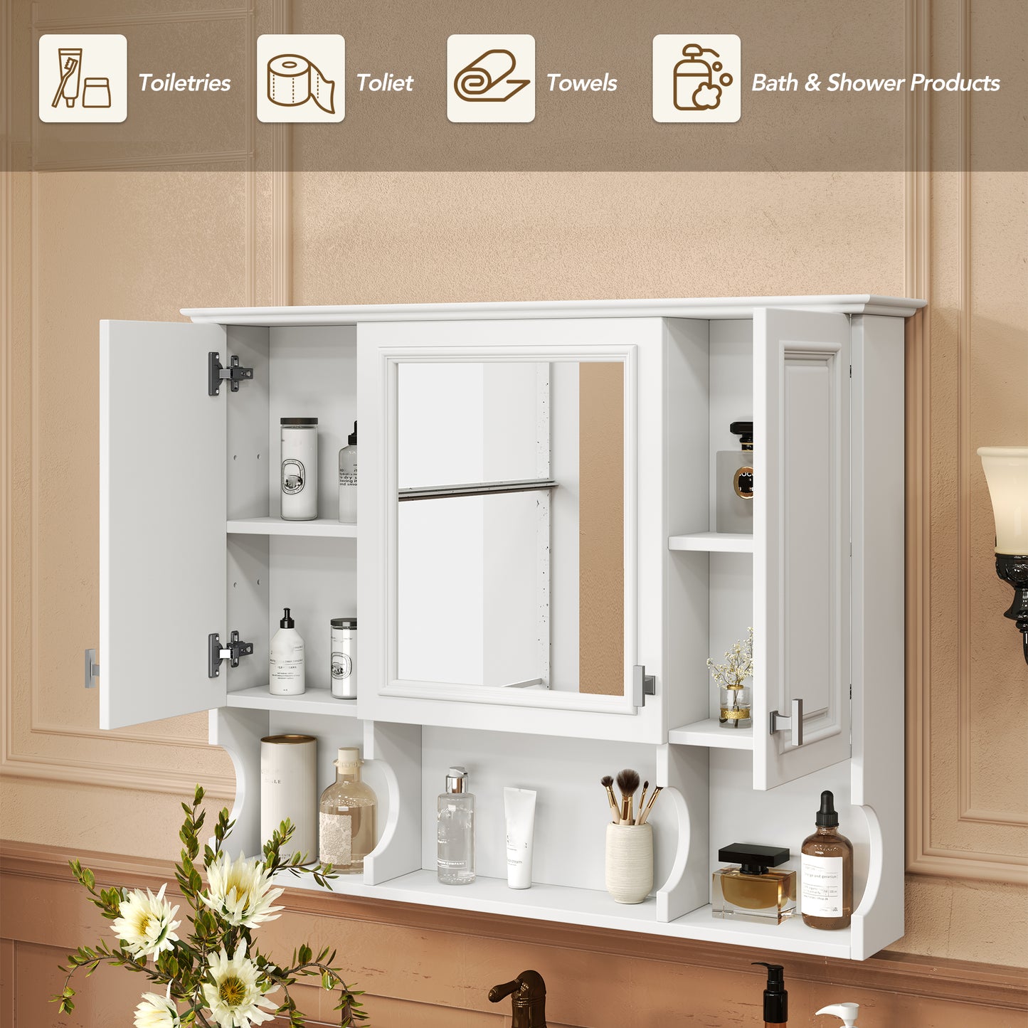 White wallmounted bathroom cabinet with mirrored door and open shelves holding toiletries