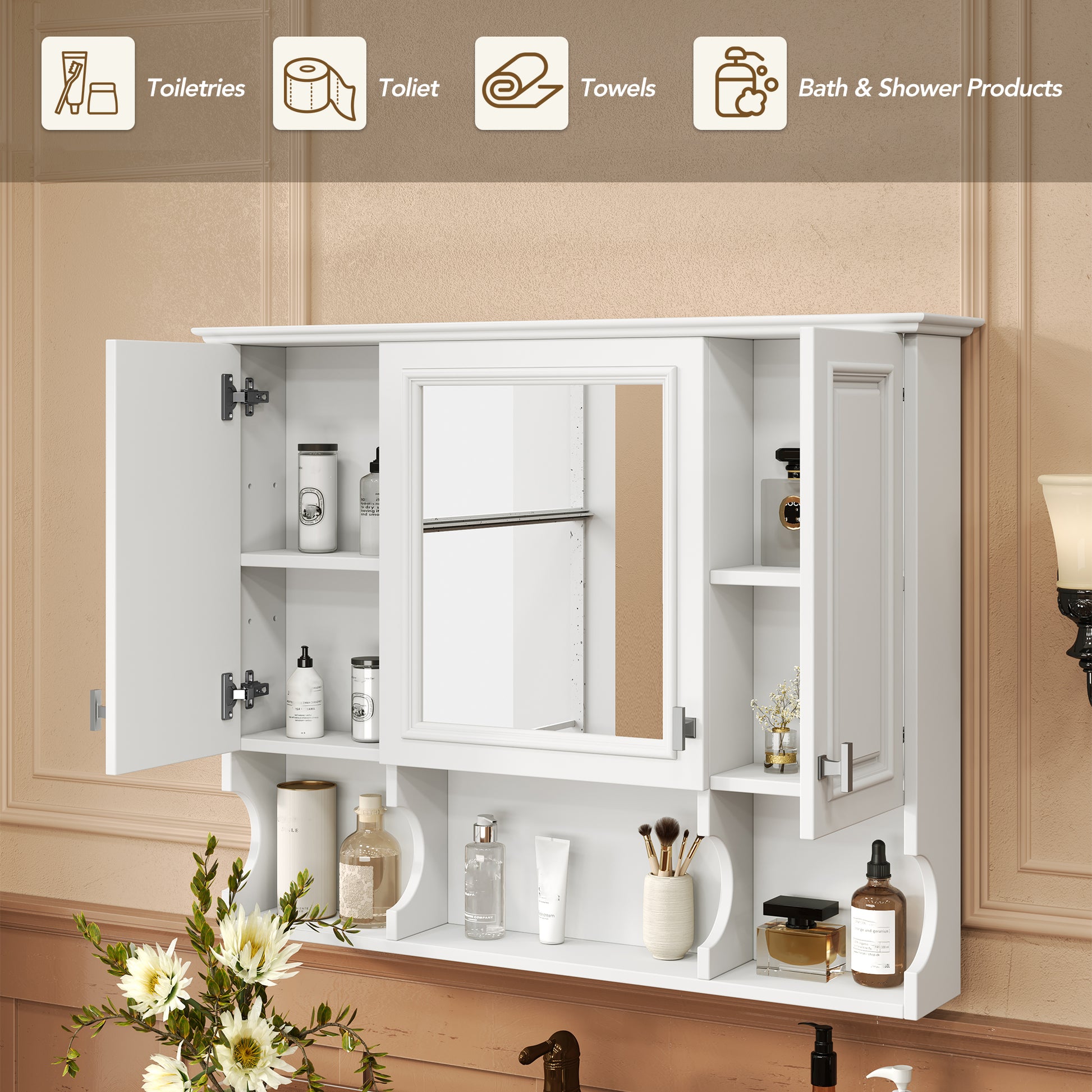 White wallmounted bathroom cabinet with mirrored door and open shelves holding toiletries