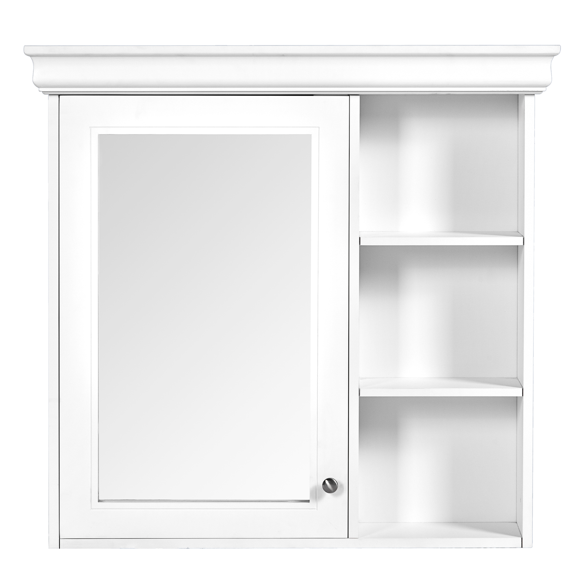 White modern medicine cabinet with mirrored door and open shelving