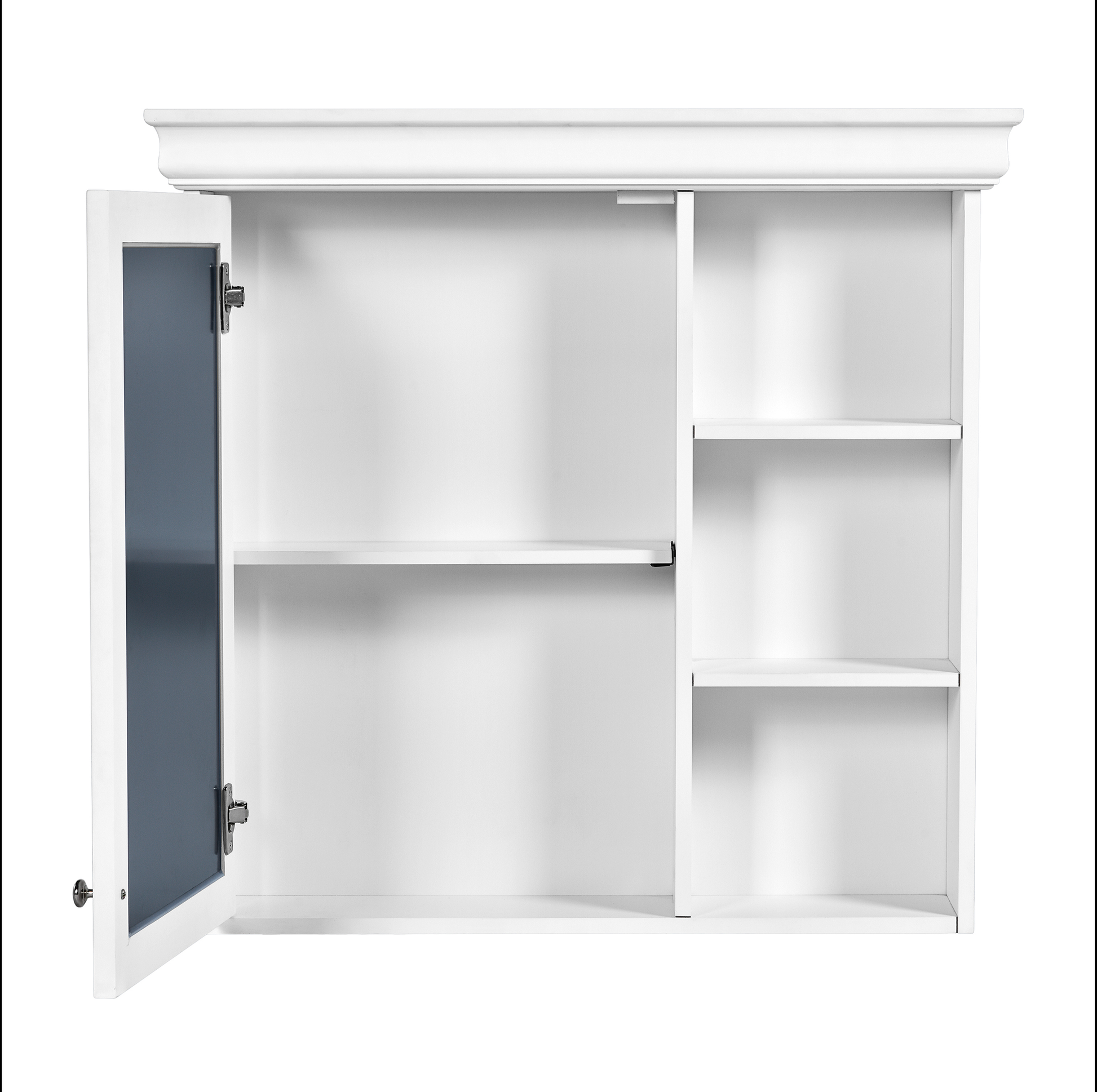 White bathroom vanity cabinet with mirrored door open