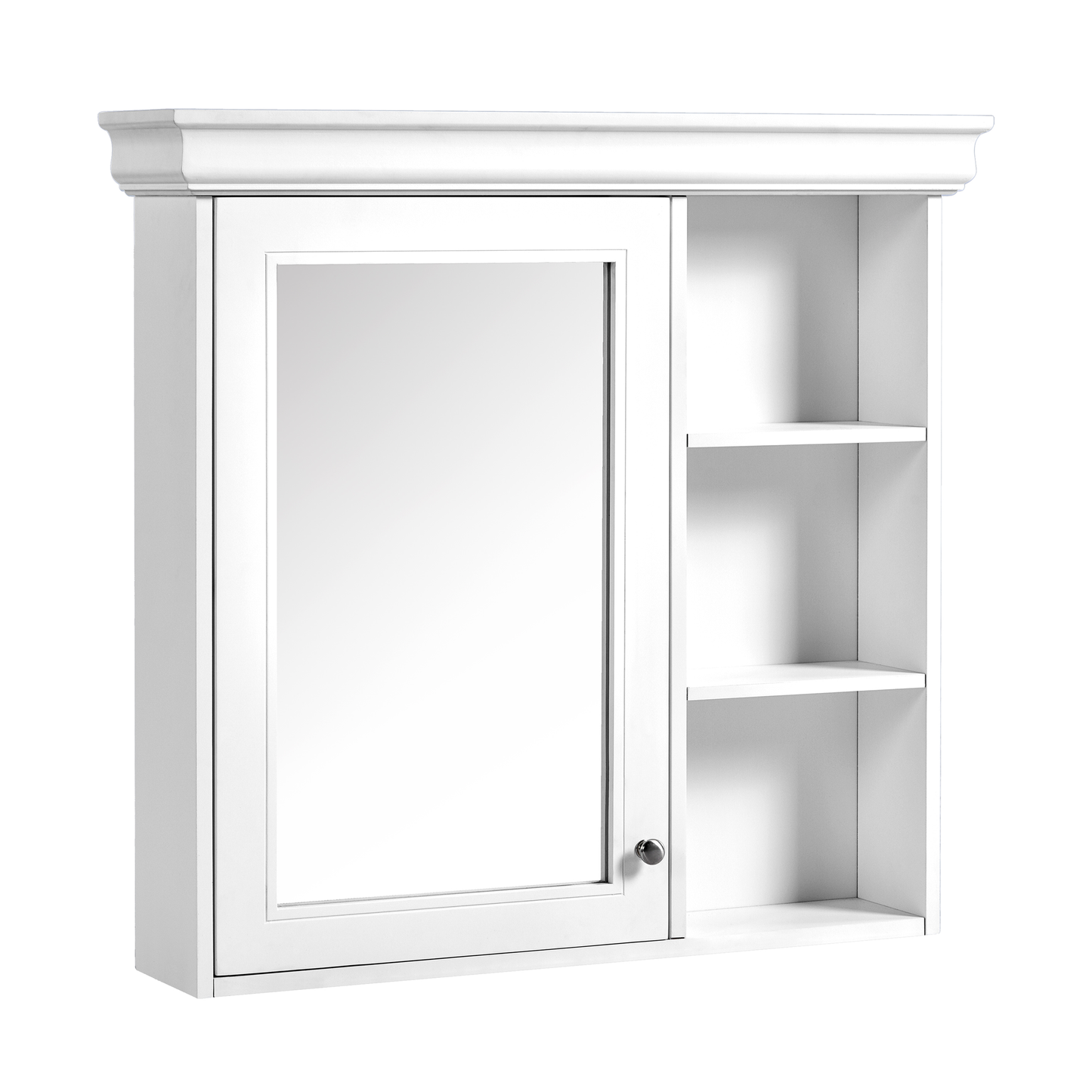 White mirrored medicine cabinet with open shelving