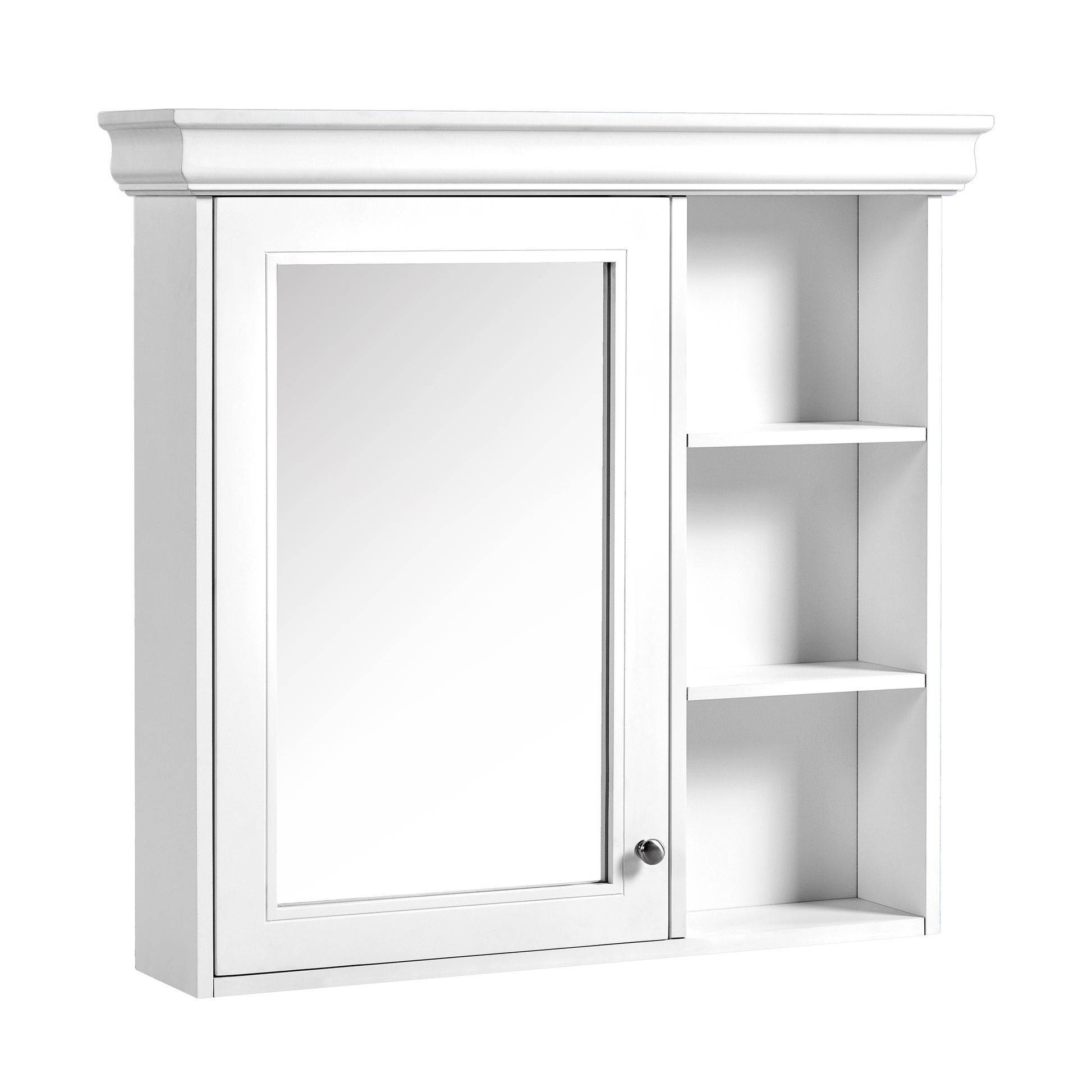 White mirrored medicine cabinet with open shelving