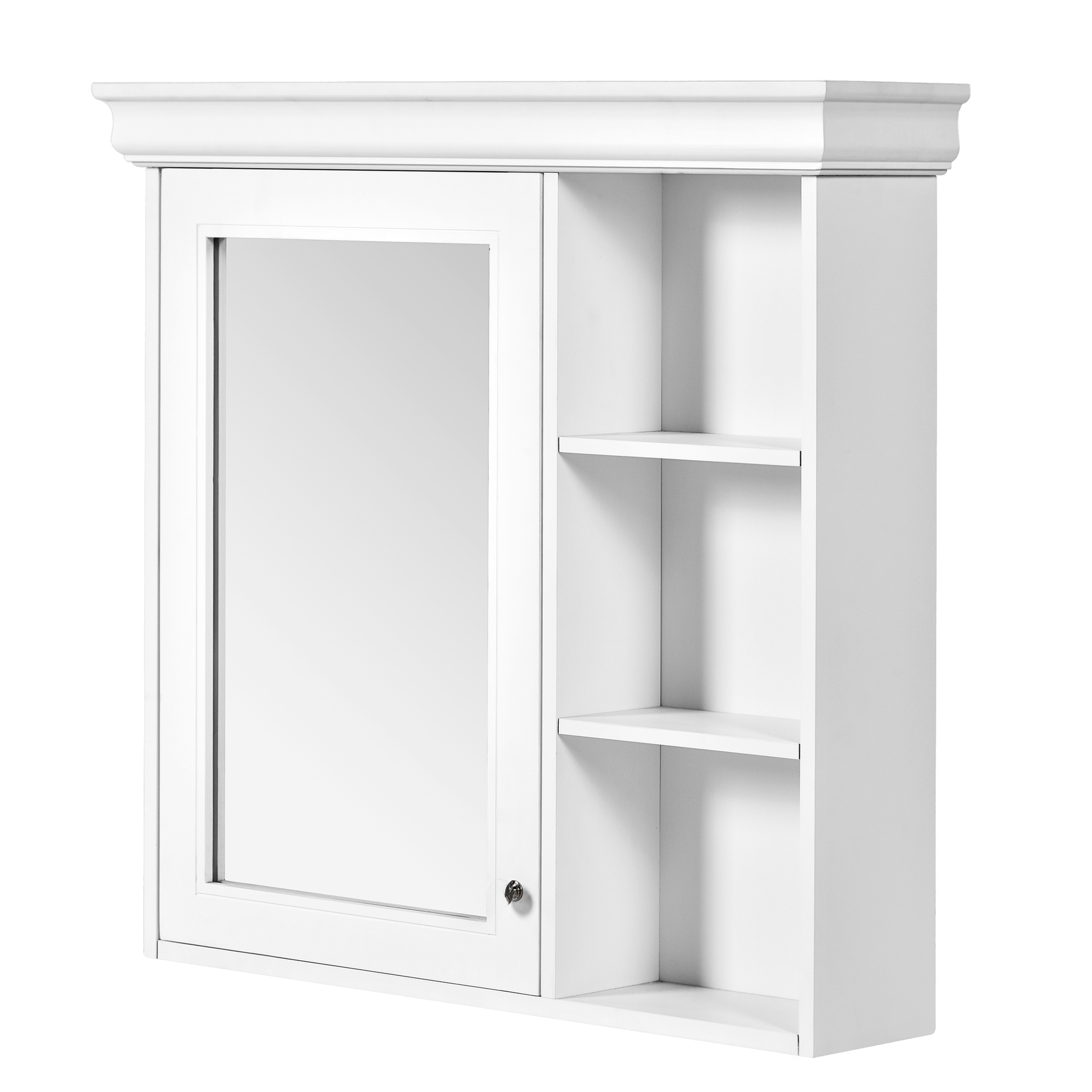 White medicine cabinet with mirrored door and open shelving