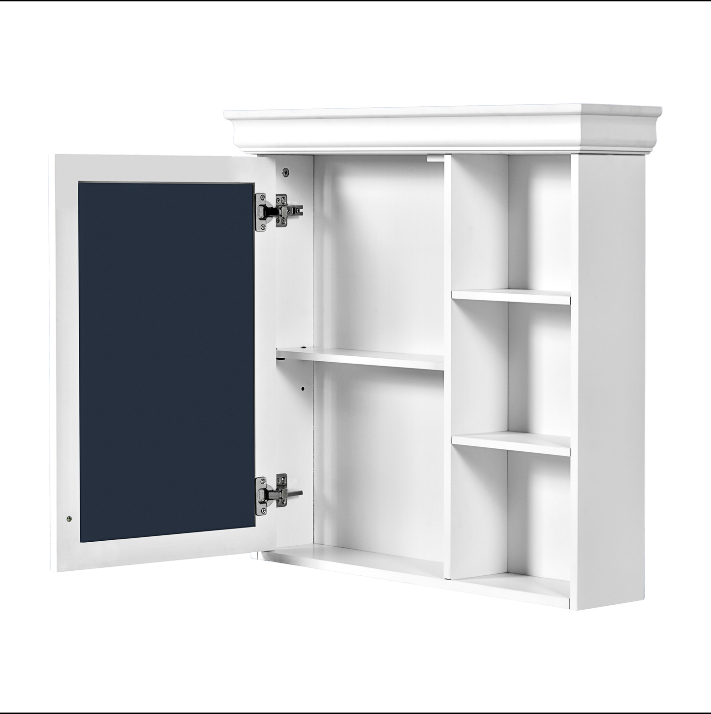 White bathroom medicine cabinet with mirrored door and open shelves